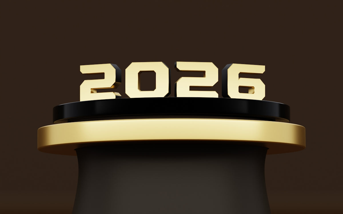 The year 2026 displayed on a podium.