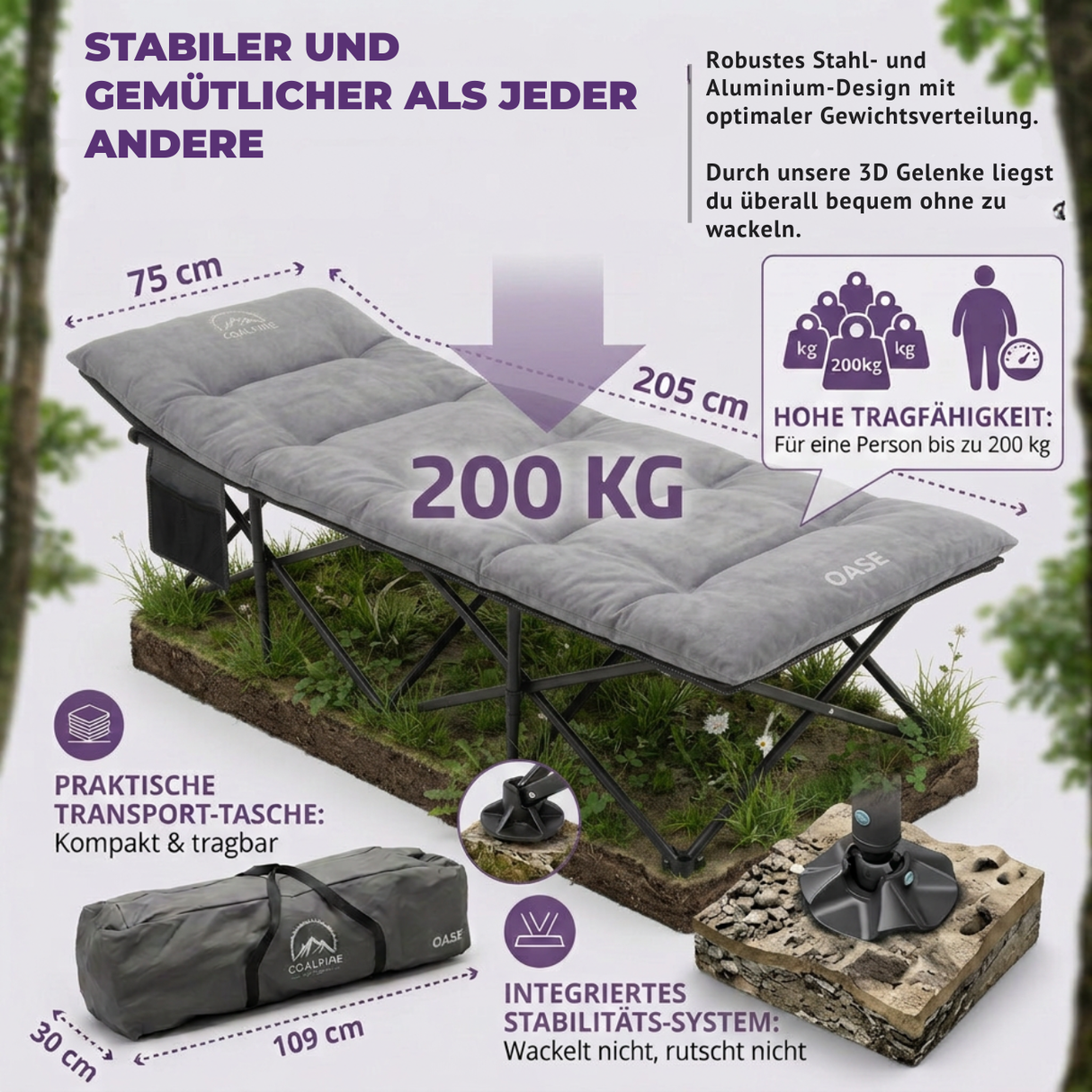 GOALPINE® OASE | Feldbett Groß mit Matratze [Wildtierleder Imitat] & Kissen