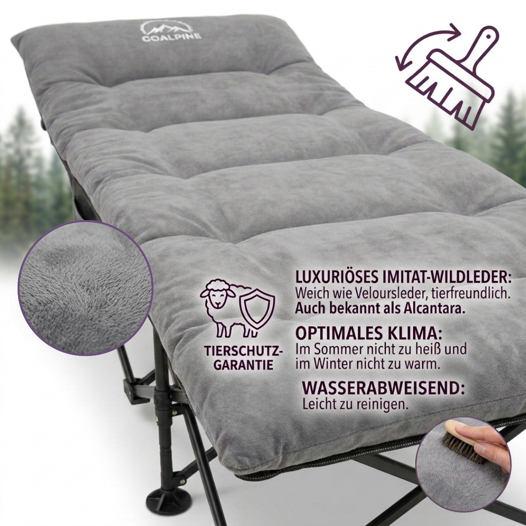 GOALPINE® OASE | Feldbett Groß mit Matratze [Wildtierleder Imitat] & Kissen