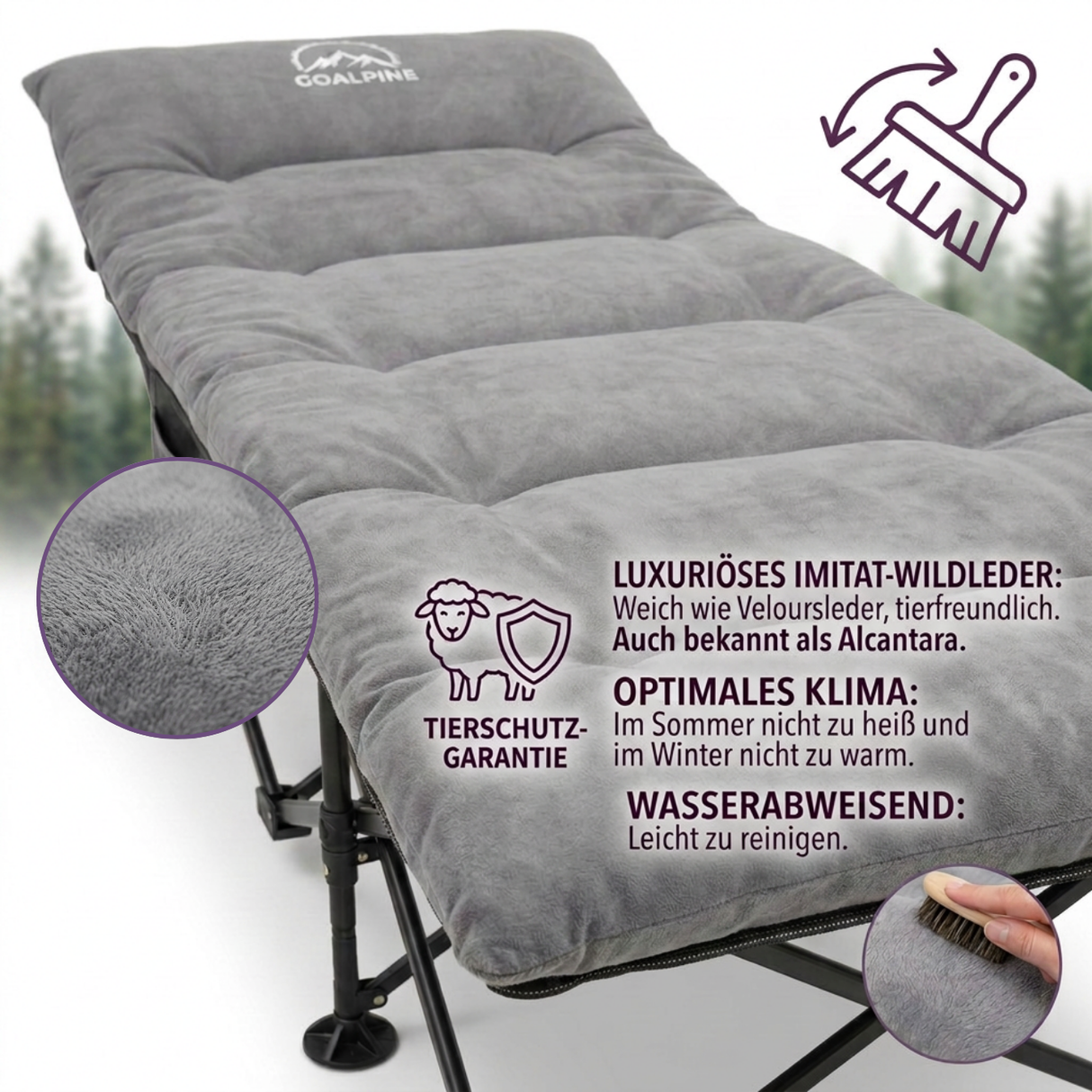 GOALPINE® OASE | Feldbett Groß mit Matratze [Wildtierleder Imitat] & Kissen