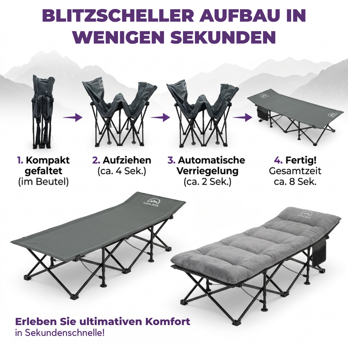 GOALPINE® OASE | Feldbett Groß mit Matratze [Wildtierleder Imitat] & Kissen