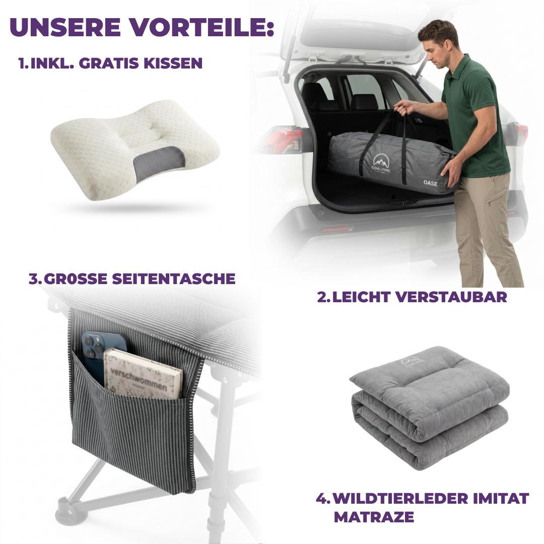 GOALPINE® OASE | Feldbett Groß mit Matratze [Wildtierleder Imitat] & Kissen