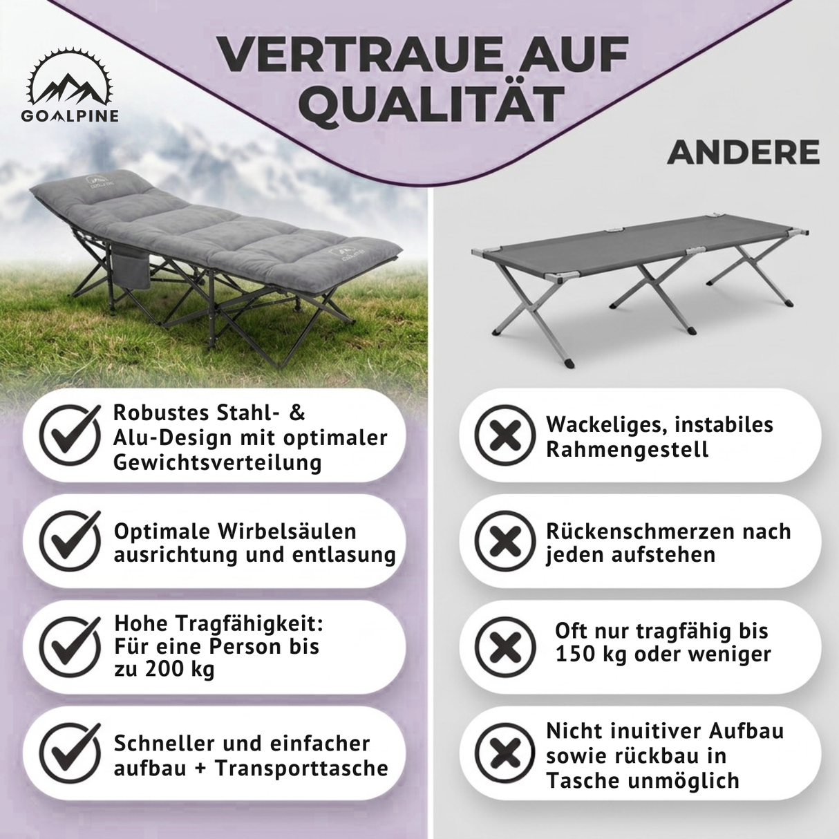 GOALPINE® OASE | Feldbett Groß mit Matratze [Wildtierleder Imitat] & Kissen